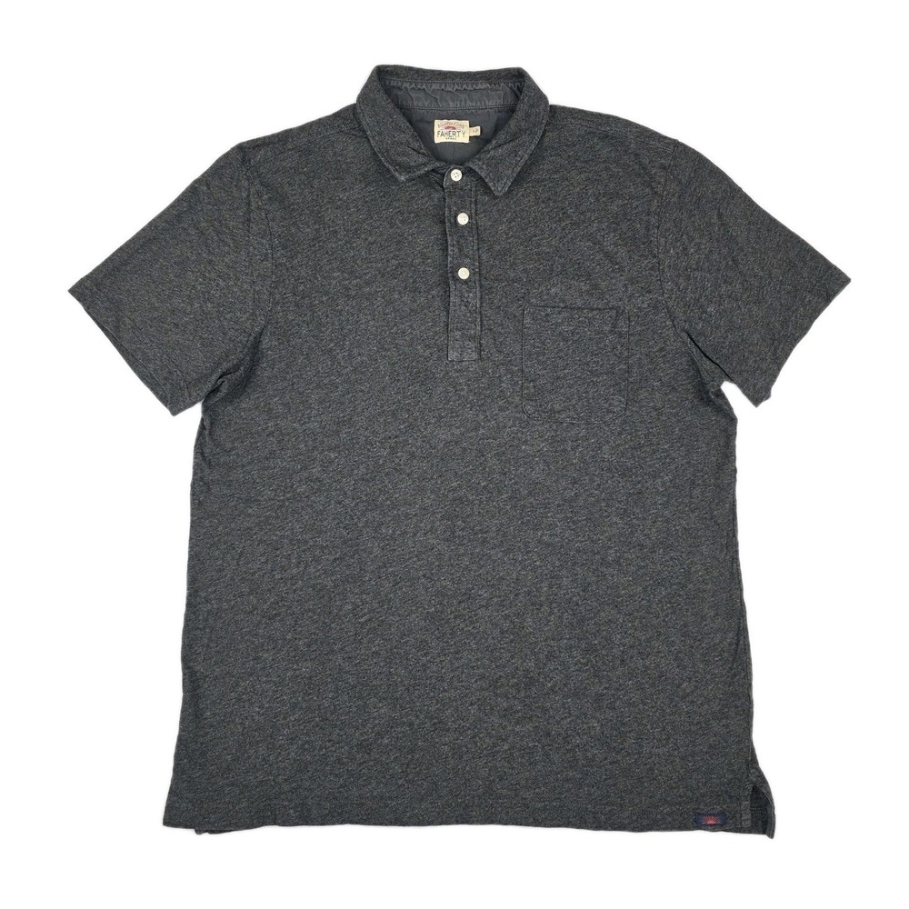 Faherty Polo Shirt Mens Medium Gray Short Sleeve Heathered Sun Logo Casual Knit